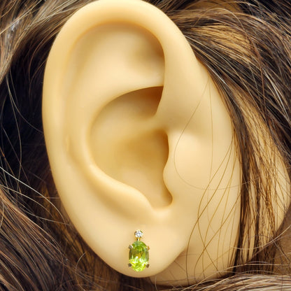 14K Gold Peridot Stud Earrings | 14K Yellow Gold Genuine Peridot with Natural Diamond Stud Earrings, August Birthstone Jewelry