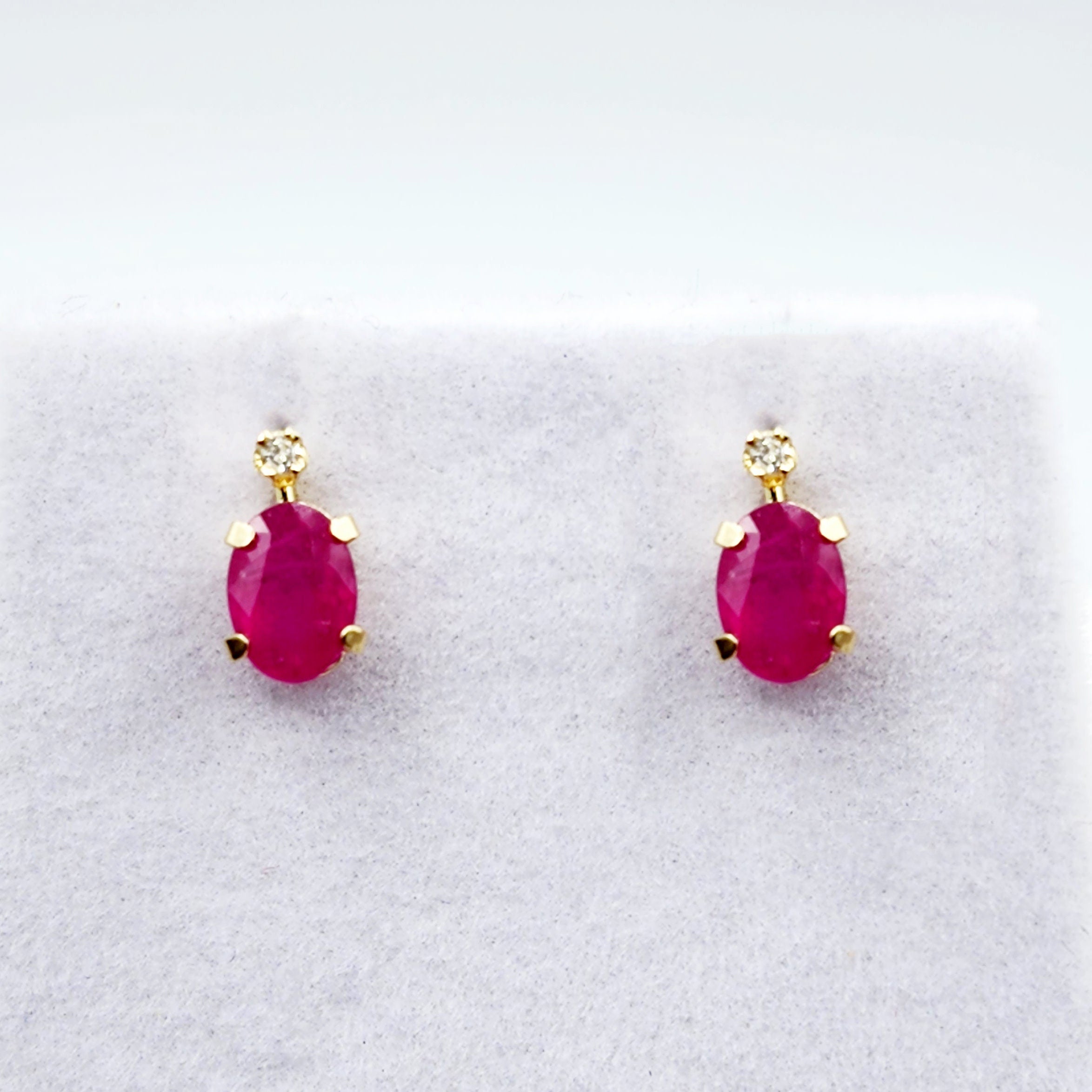 14K Gold Ruby Stud Earrings | 14K Gold Genuine Ruby with Natural Diamond Stud Earrings, July Birthstone Jewelry