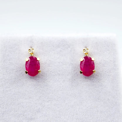 14K Gold Ruby Stud Earrings | 14K Gold Genuine Ruby with Natural Diamond Stud Earrings, July Birthstone Jewelry