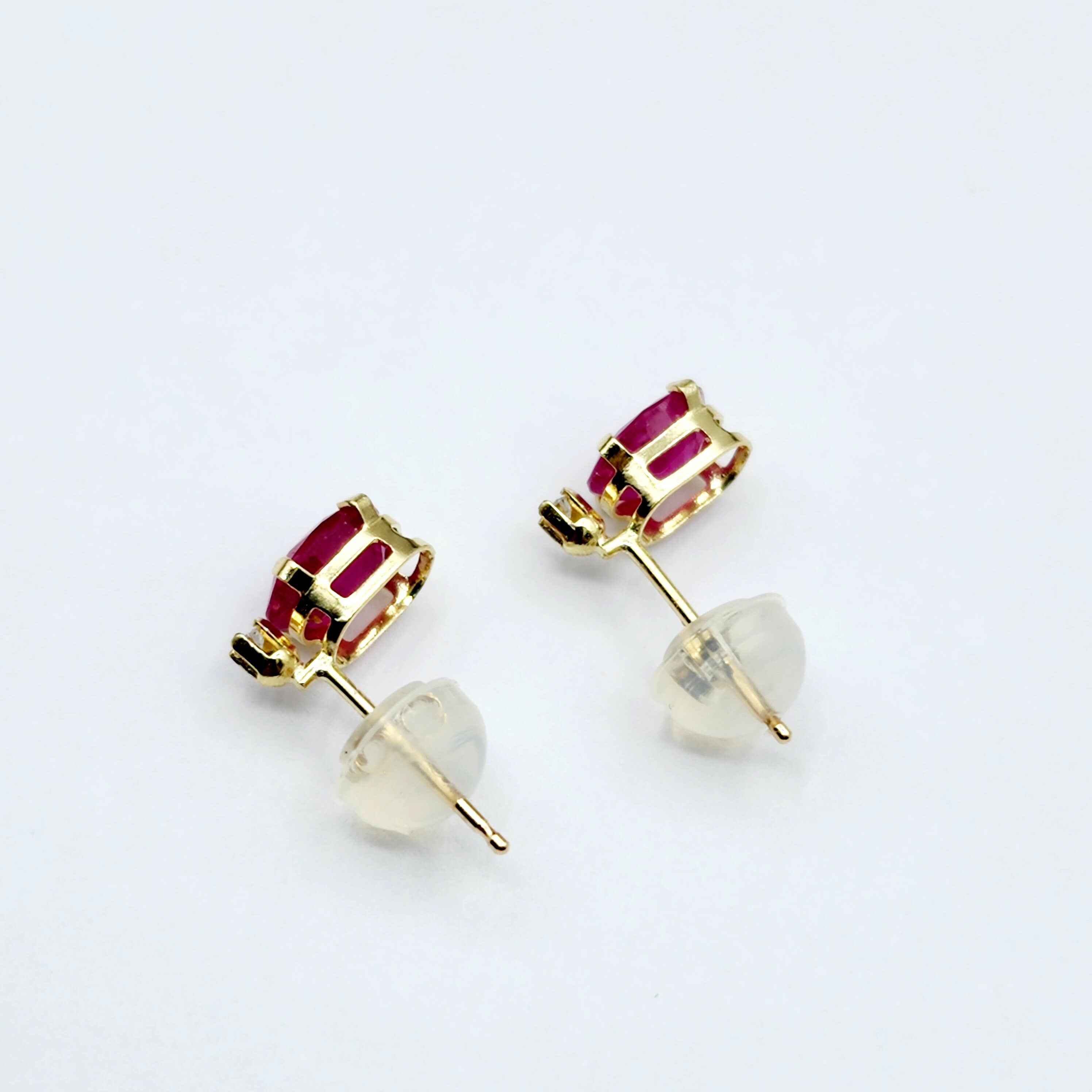 14K Gold Ruby Stud Earrings | 14K Gold Genuine Ruby with Natural Diamond Stud Earrings, July Birthstone Jewelry