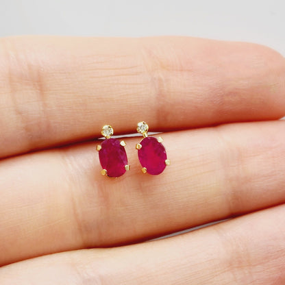 14K Gold Ruby Stud Earrings | 14K Gold Genuine Ruby with Natural Diamond Stud Earrings, July Birthstone Jewelry