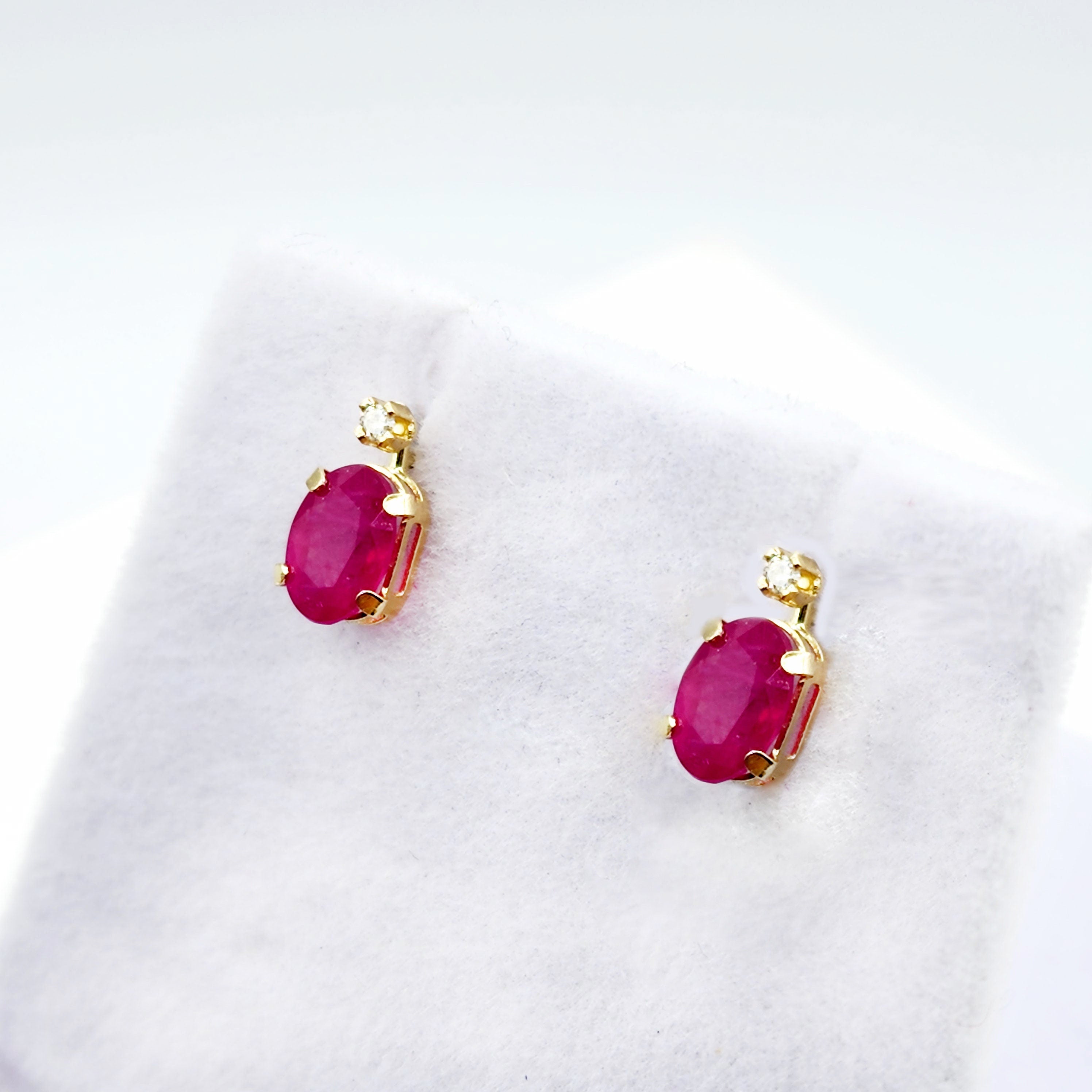14K Gold Ruby Stud Earrings | 14K Gold Genuine Ruby with Natural Diamond Stud Earrings, July Birthstone Jewelry