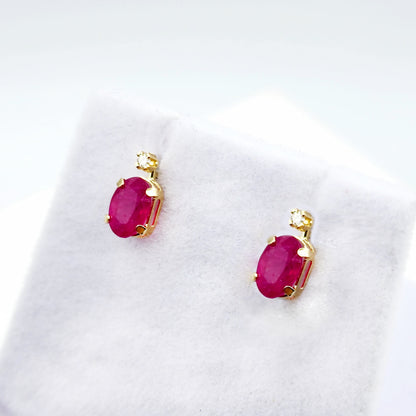 14K Gold Ruby Stud Earrings | 14K Gold Genuine Ruby with Natural Diamond Stud Earrings, July Birthstone Jewelry