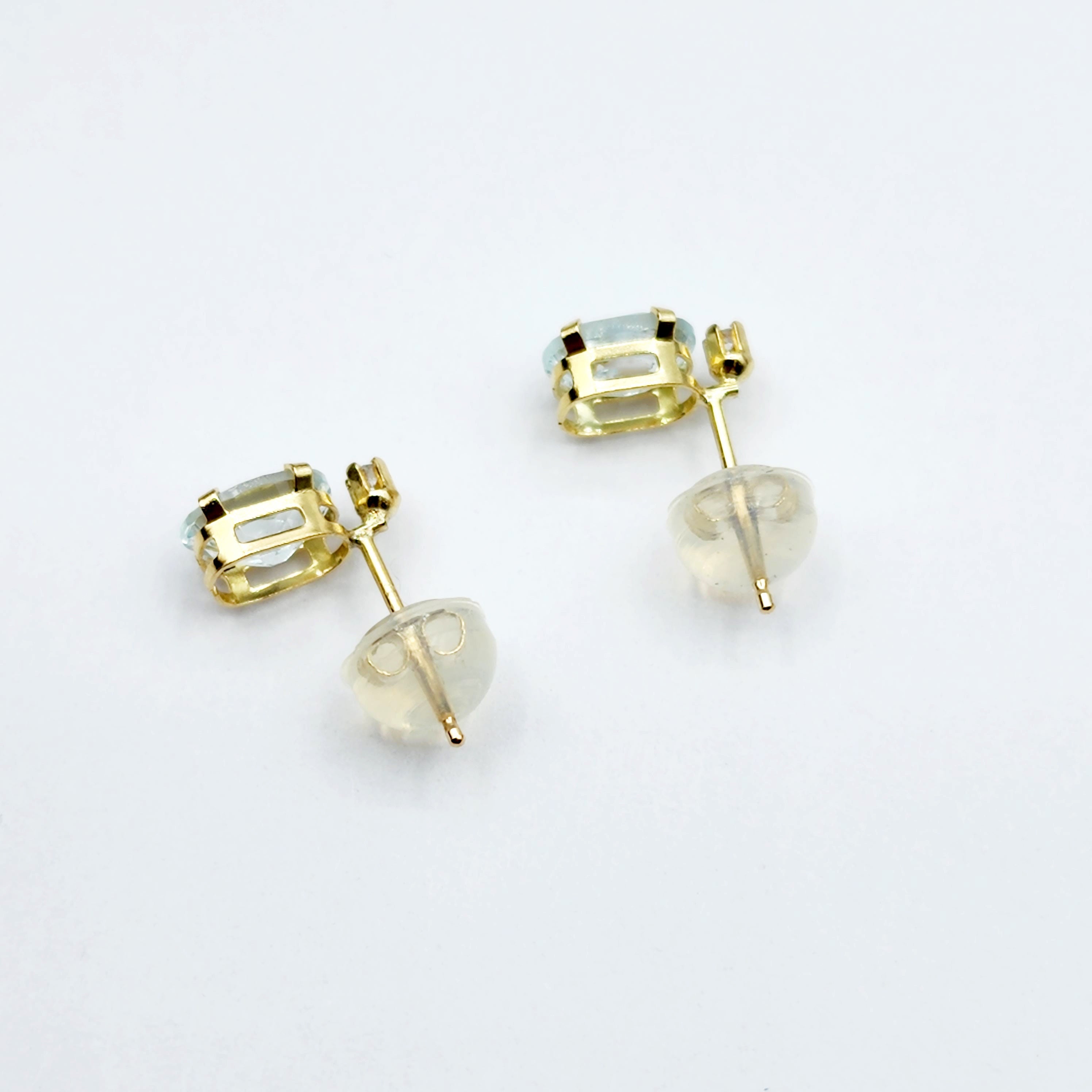 14K Gold Aquamarine Stud Earrings | 14K Gold Genuine Aquamarine 6x4mm with Natural Diamond Stud Earrings, March Birthstone , Gift For Her