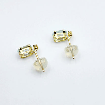 14K Gold Aquamarine Stud Earrings | 14K Gold Genuine Aquamarine 6x4mm with Natural Diamond Stud Earrings, March Birthstone , Gift For Her