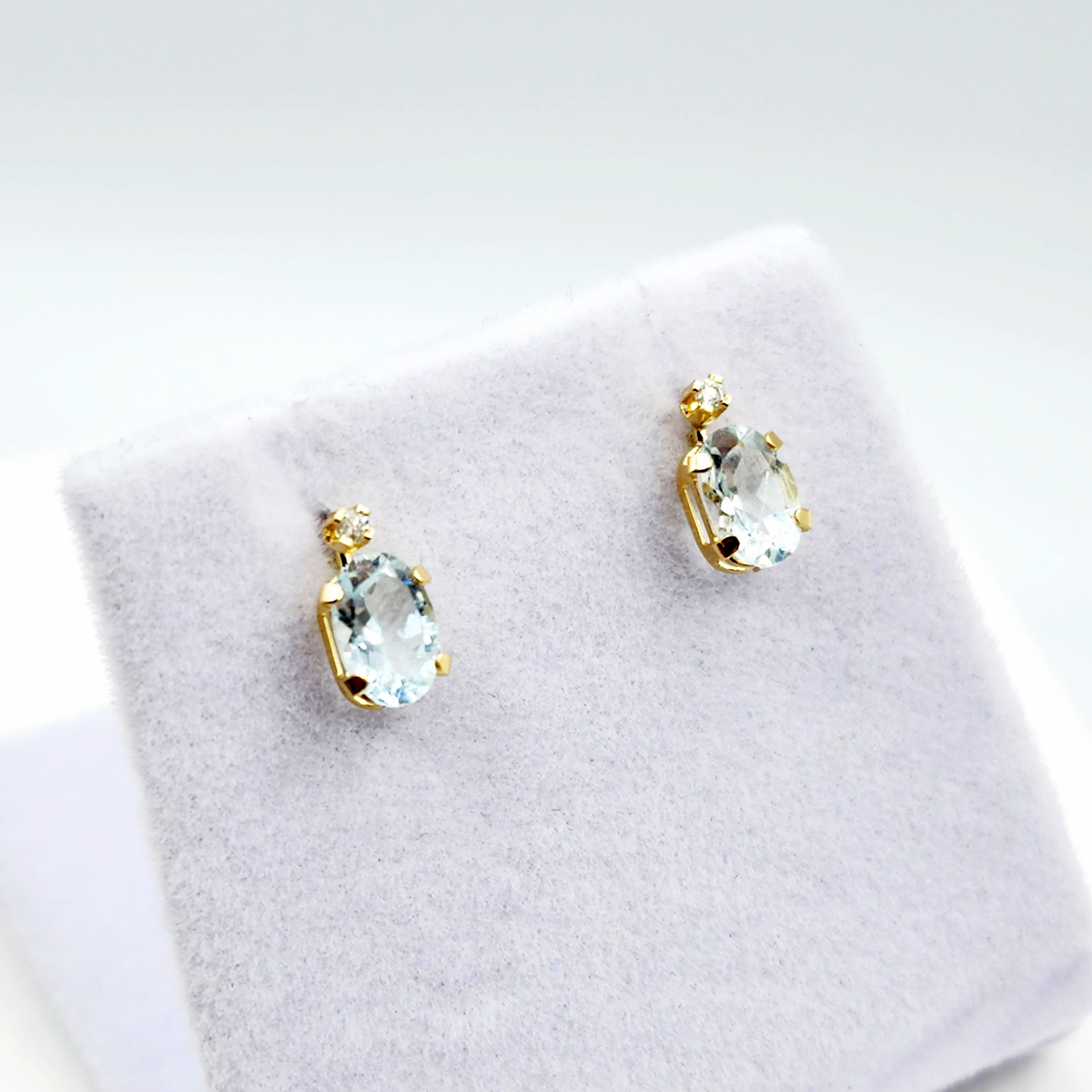 14K Gold Aquamarine Stud Earrings | 14K Gold Genuine Aquamarine 6x4mm with Natural Diamond Stud Earrings, March Birthstone , Gift For Her