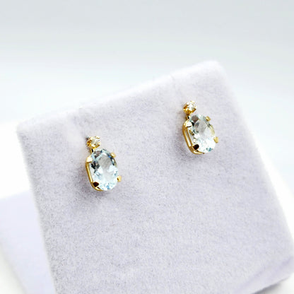 14K Gold Aquamarine Stud Earrings | 14K Gold Genuine Aquamarine 6x4mm with Natural Diamond Stud Earrings, March Birthstone , Gift For Her