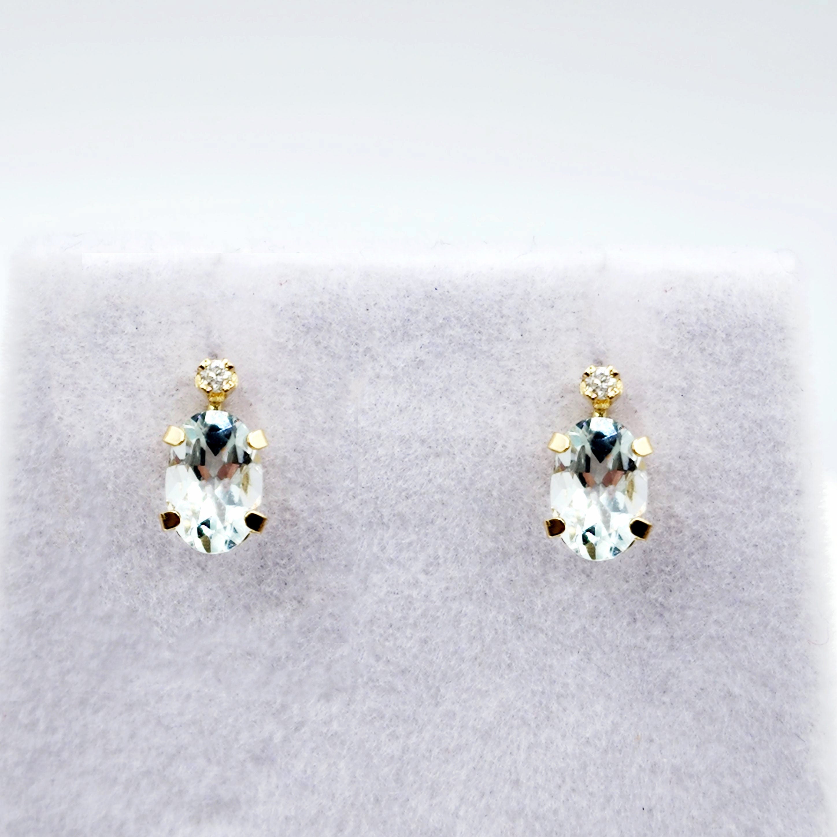 14K Gold Aquamarine Stud Earrings | 14K Gold Genuine Aquamarine 6x4mm with Natural Diamond Stud Earrings, March Birthstone , Gift For Her