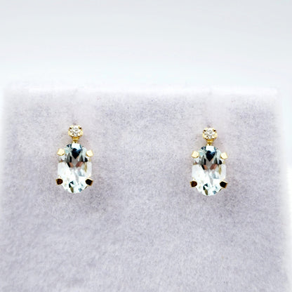 14K Gold Aquamarine Stud Earrings | 14K Gold Genuine Aquamarine 6x4mm with Natural Diamond Stud Earrings, March Birthstone , Gift For Her