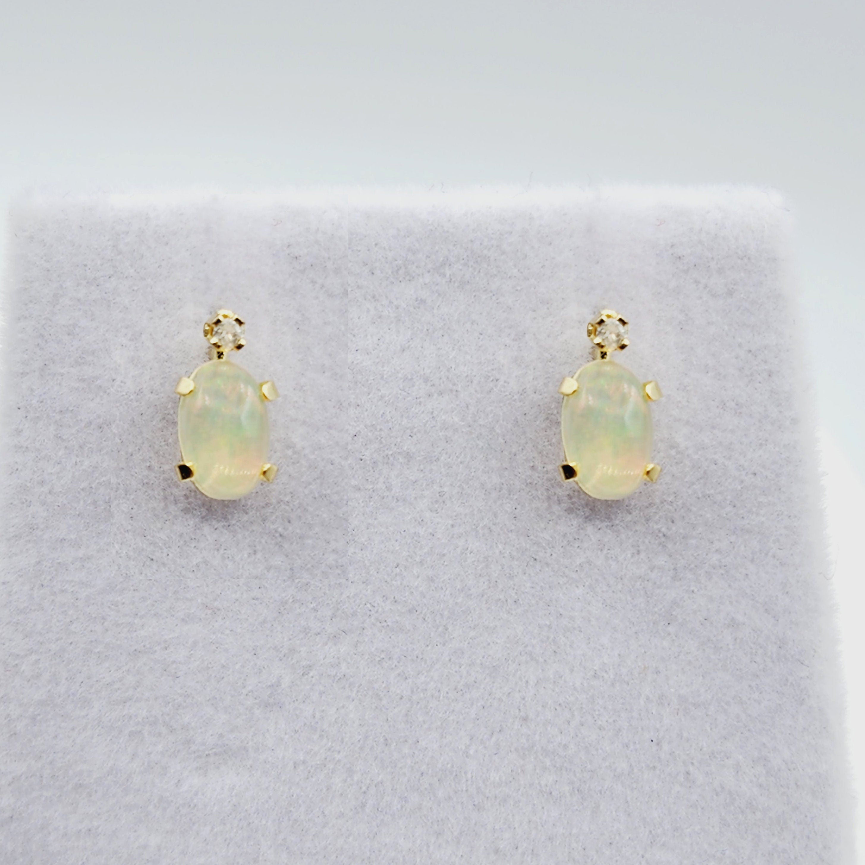 14K Gold Natural Ethiopian Opal Stud Earrings | 14K Yellow Gold Fire Opal with Diamond Stud Earrings, October Birthstone , Gift For Her