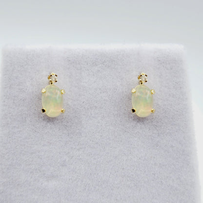 14K Gold Natural Ethiopian Opal Stud Earrings | 14K Yellow Gold Fire Opal with Diamond Stud Earrings, October Birthstone , Gift For Her