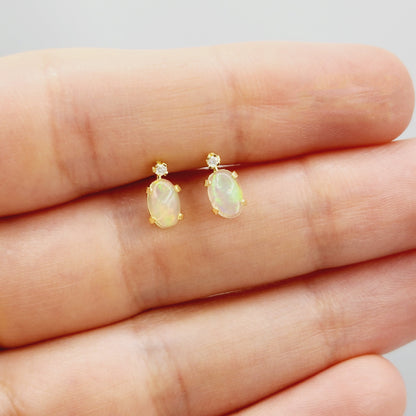 14K Gold Natural Ethiopian Opal Stud Earrings | 14K Yellow Gold Fire Opal with Diamond Stud Earrings, October Birthstone , Gift For Her