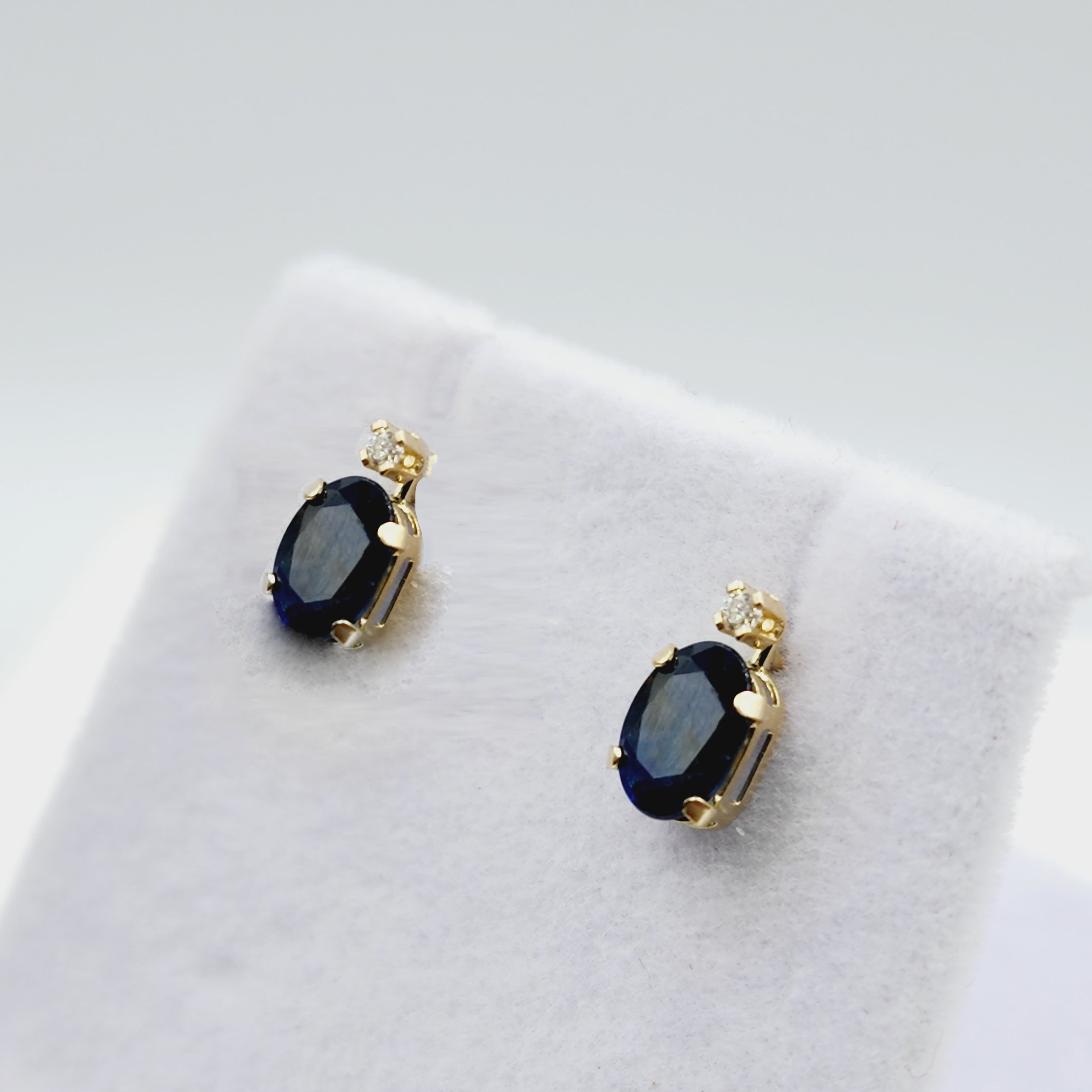 10K Gold Blue Sapphire Stud Earrings | 10K Yellow Gold Genuine Blue Sapphire with Diamond Stud Earrings, September Birthstone Jewelry, Gifts