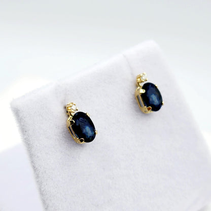 10K Gold Blue Sapphire Stud Earrings | 10K Yellow Gold Genuine Blue Sapphire with Diamond Stud Earrings, September Birthstone Jewelry, Gifts