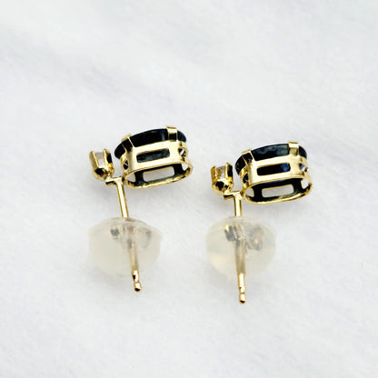 10K Gold Blue Sapphire Stud Earrings | 10K Yellow Gold Genuine Blue Sapphire with Diamond Stud Earrings, September Birthstone Jewelry, Gifts