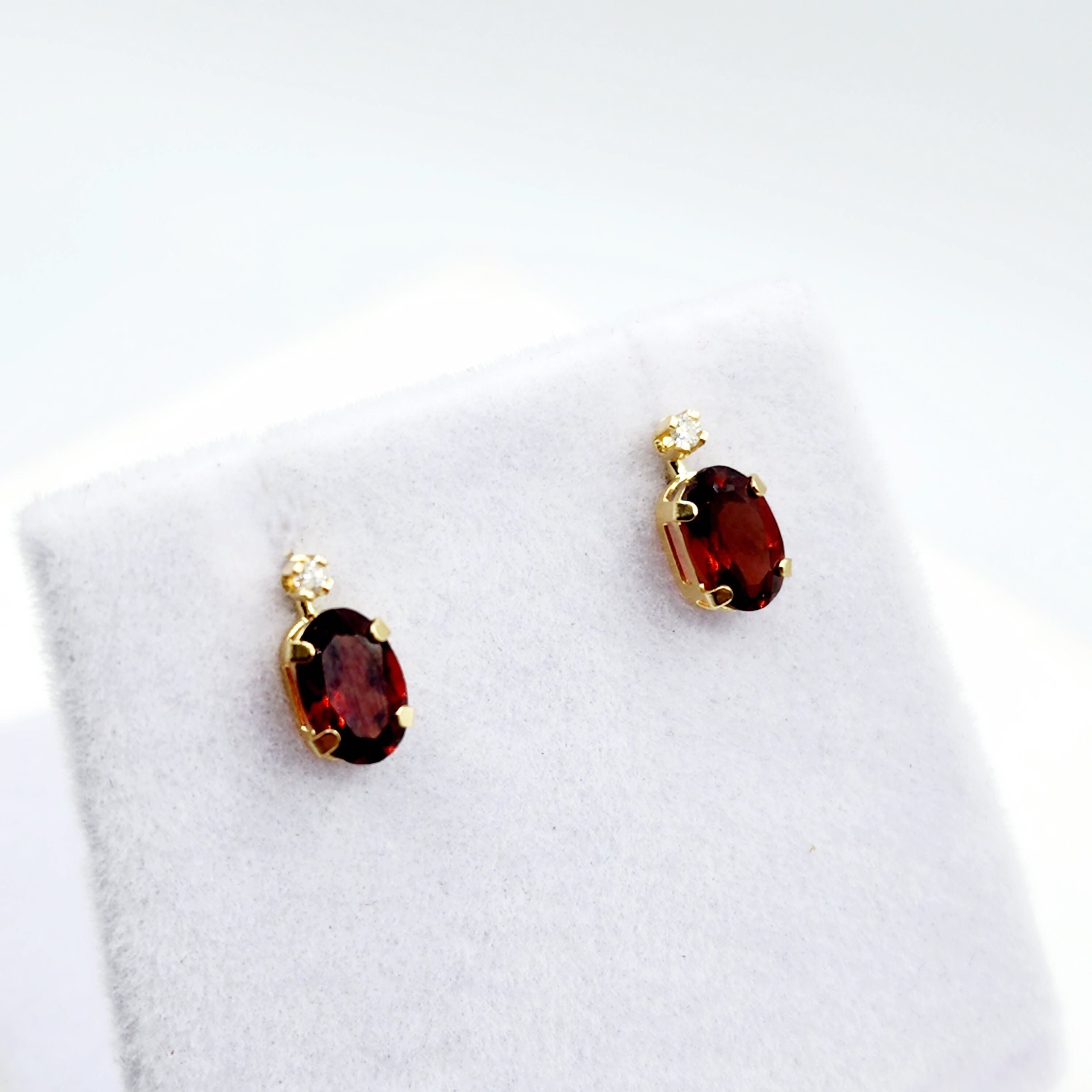14K Gold Garnet Stud Earrings | 14K Yellow Gold Genuine Garnet with Diamond Stud Earrings, January Birthstone Jewelry, Gift For Women