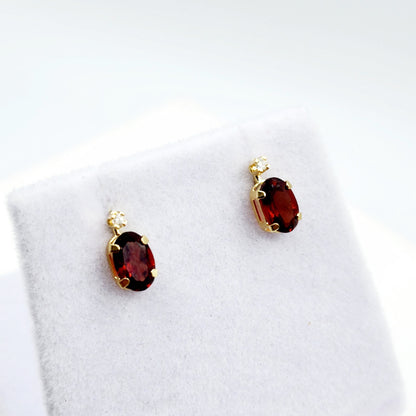 14K Gold Garnet Stud Earrings | 14K Yellow Gold Genuine Garnet with Diamond Stud Earrings, January Birthstone Jewelry, Gift For Women