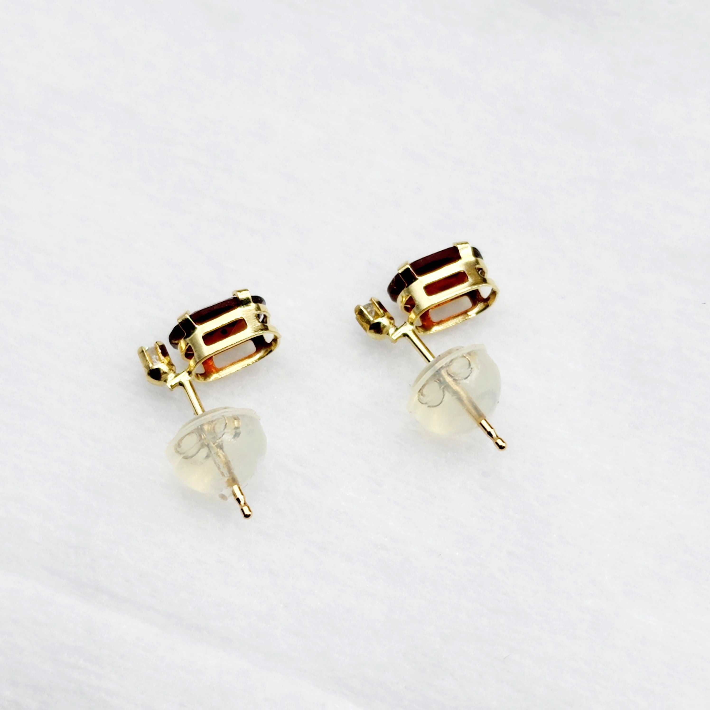 14K Gold Garnet Stud Earrings | 14K Yellow Gold Genuine Garnet with Diamond Stud Earrings, January Birthstone Jewelry, Gift For Women
