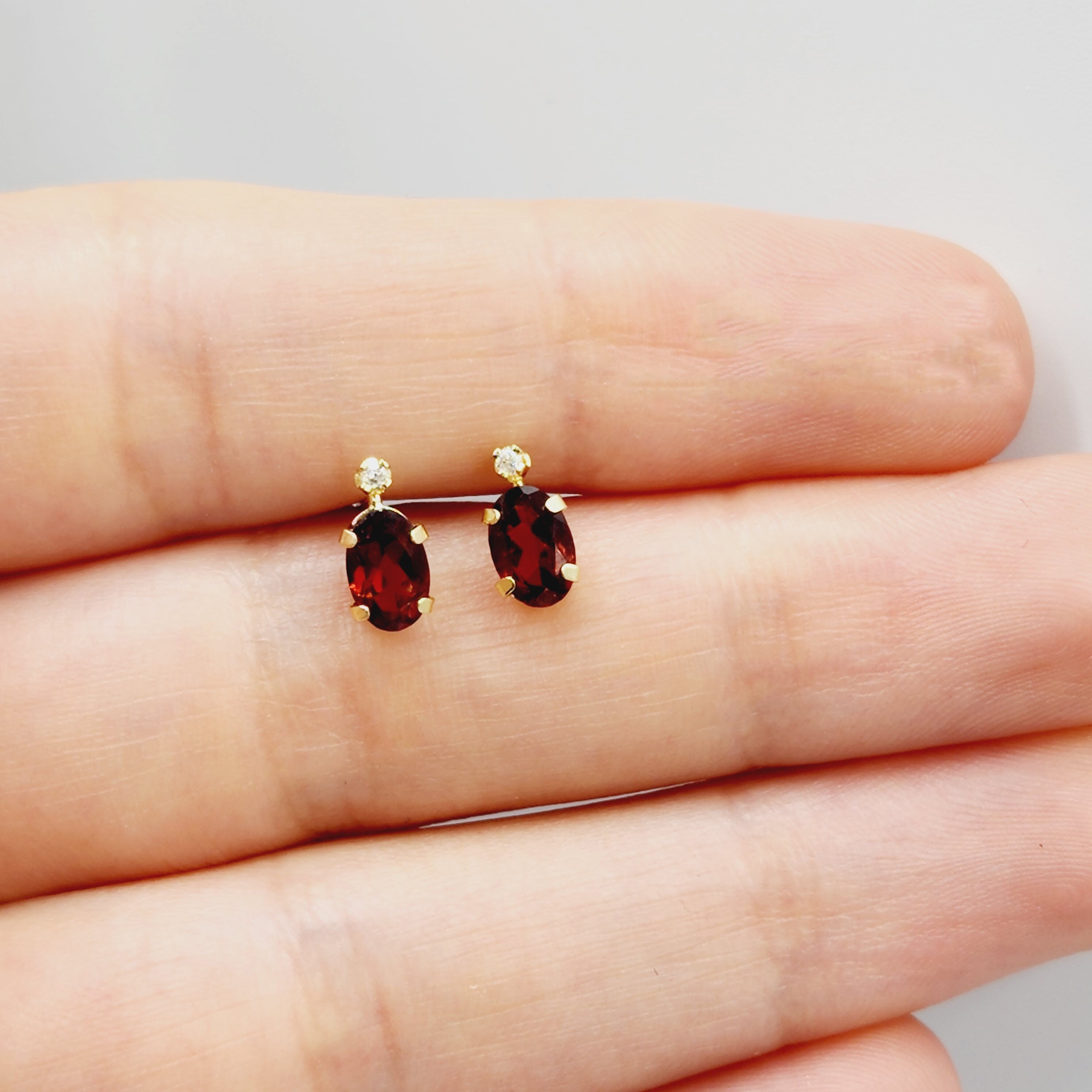 14K Gold Garnet Stud Earrings | 14K Yellow Gold Genuine Garnet with Diamond Stud Earrings, January Birthstone Jewelry, Gift For Women