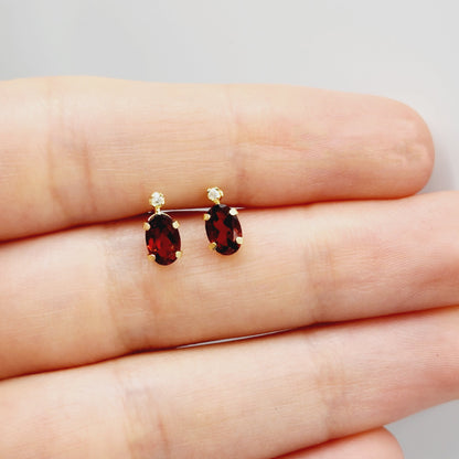 14K Gold Garnet Stud Earrings | 14K Yellow Gold Genuine Garnet with Diamond Stud Earrings, January Birthstone Jewelry, Gift For Women