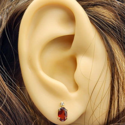14K Gold Garnet Stud Earrings | 14K Yellow Gold Genuine Garnet with Diamond Stud Earrings, January Birthstone Jewelry, Gift For Women