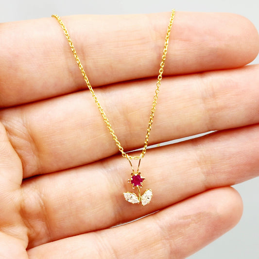 Gold Gemstones Flower Pendant Necklace, 10KT Yellow Gold Genuine Gemstones Tiny Pendant, Floral Pendant, Gift For Her, Birthstone Necklace