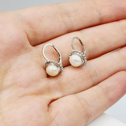 Sterling Silver Genuine Freshwater Pearl Migraine Earrings , Lever Back Pearl 7mm Earrings, June Birthstone, Natural Pearl Jewelry