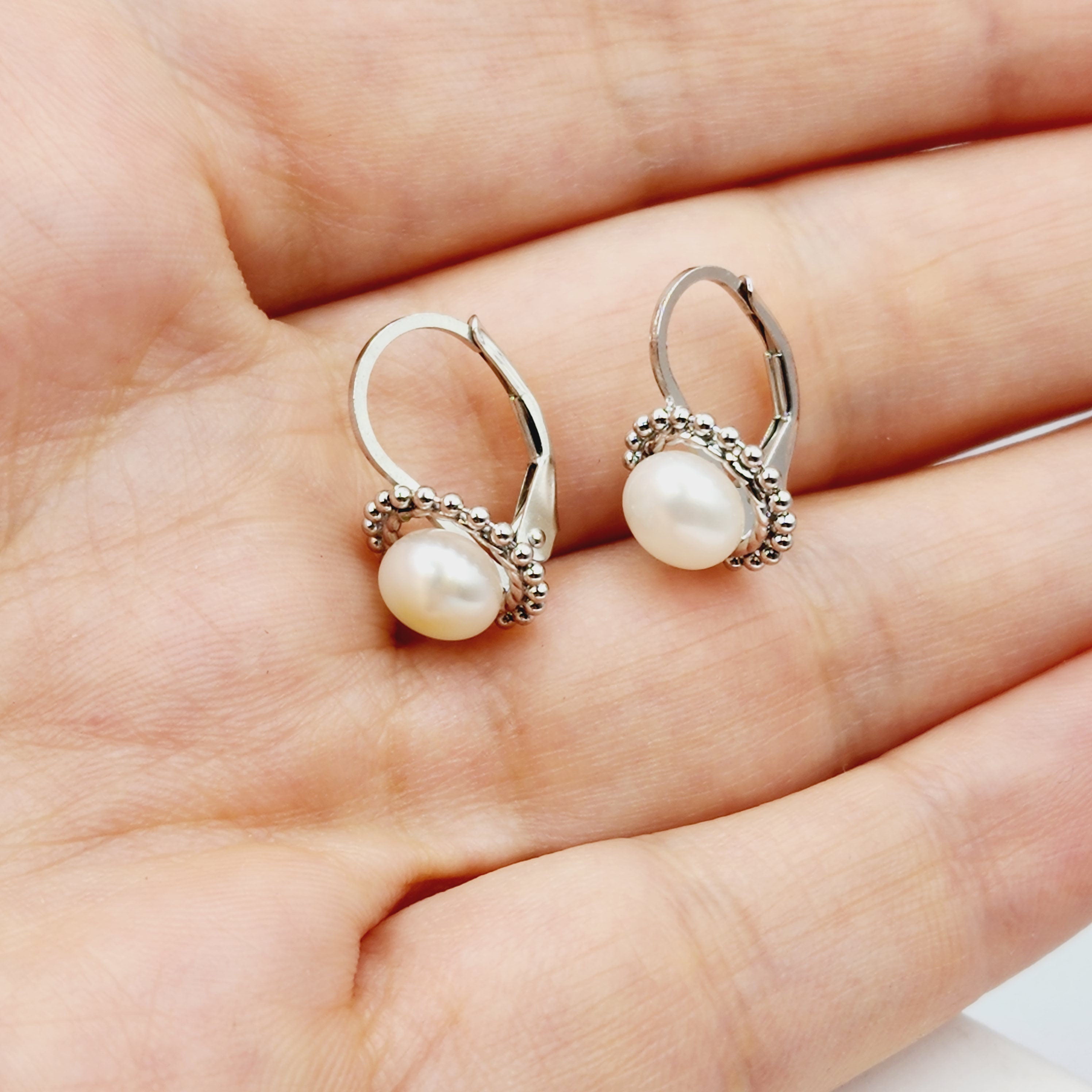Sterling Silver Genuine Freshwater Pearl Migraine Earrings , Lever Back Pearl 7mm Earrings, June Birthstone, Natural Pearl Jewelry