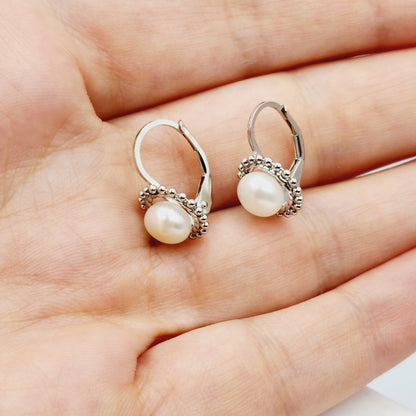 Sterling Silver Genuine Freshwater Pearl Migraine Earrings , Lever Back Pearl 7mm Earrings, June Birthstone, Natural Pearl Jewelry