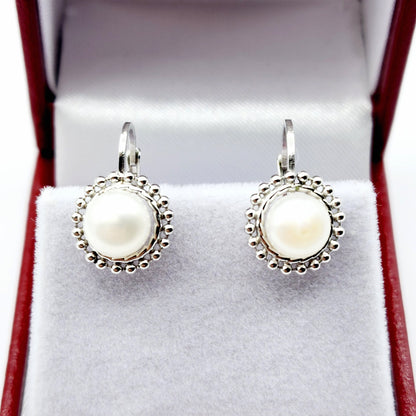 Sterling Silver Genuine Freshwater Pearl Migraine Earrings , Lever Back Pearl 7mm Earrings, June Birthstone, Natural Pearl Jewelry