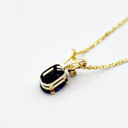 Gold Natural Blue Sapphire Pendant Necklace, 14K Yellow Gold Genuine Blue Sapphire 6x4mm with Diamond Pendant, September Birthstone
