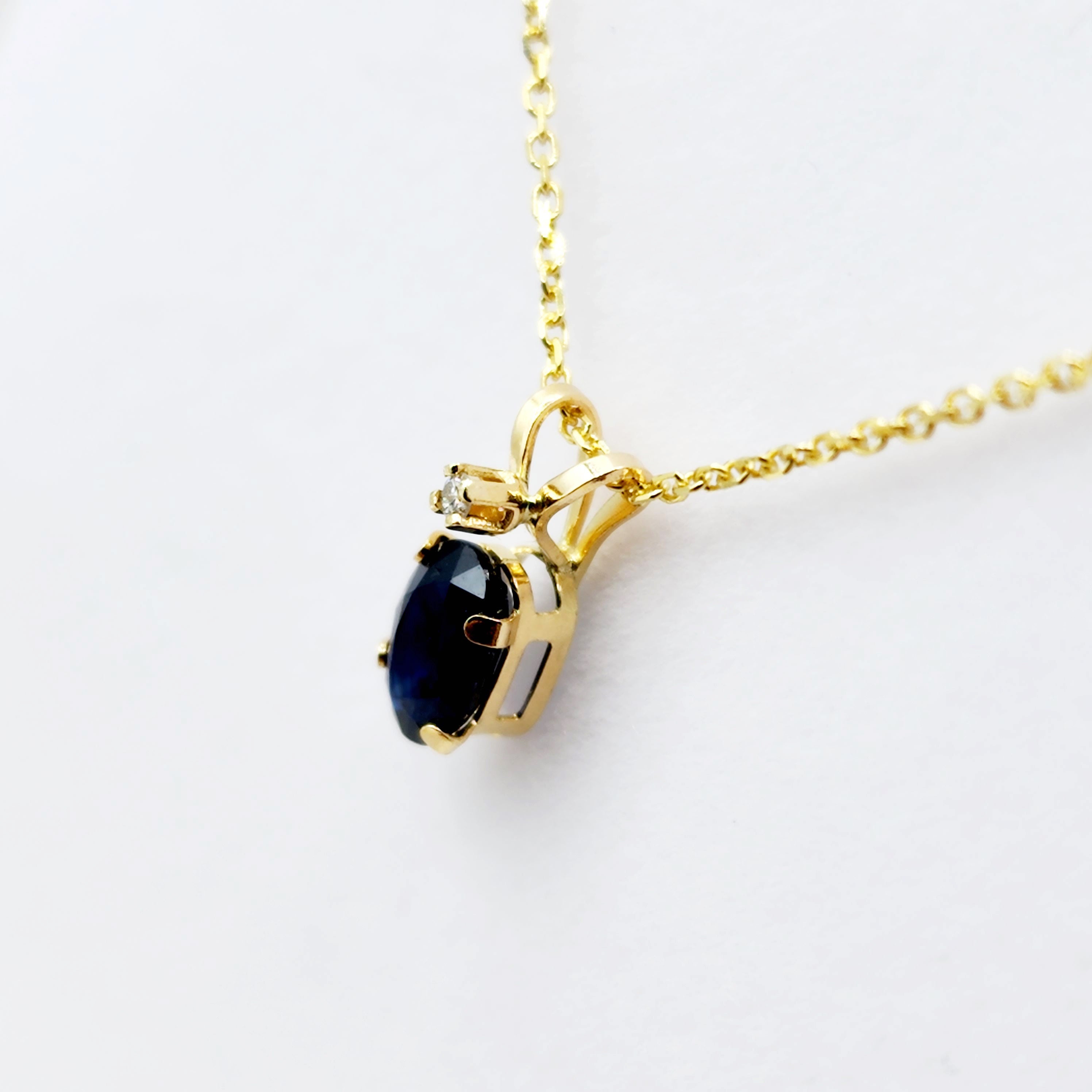 Gold Natural Blue Sapphire Pendant Necklace, 14K Yellow Gold Genuine Blue Sapphire 6x4mm with Diamond Pendant, September Birthstone