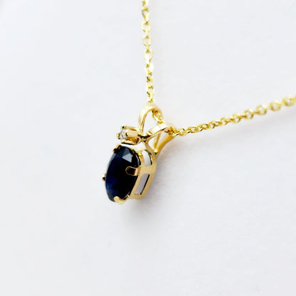 Gold Natural Blue Sapphire Pendant Necklace, 14K Yellow Gold Genuine Blue Sapphire 6x4mm with Diamond Pendant, September Birthstone