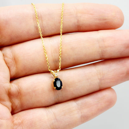 Gold Natural Blue Sapphire Pendant Necklace, 14K Yellow Gold Genuine Blue Sapphire 6x4mm with Diamond Pendant, September Birthstone