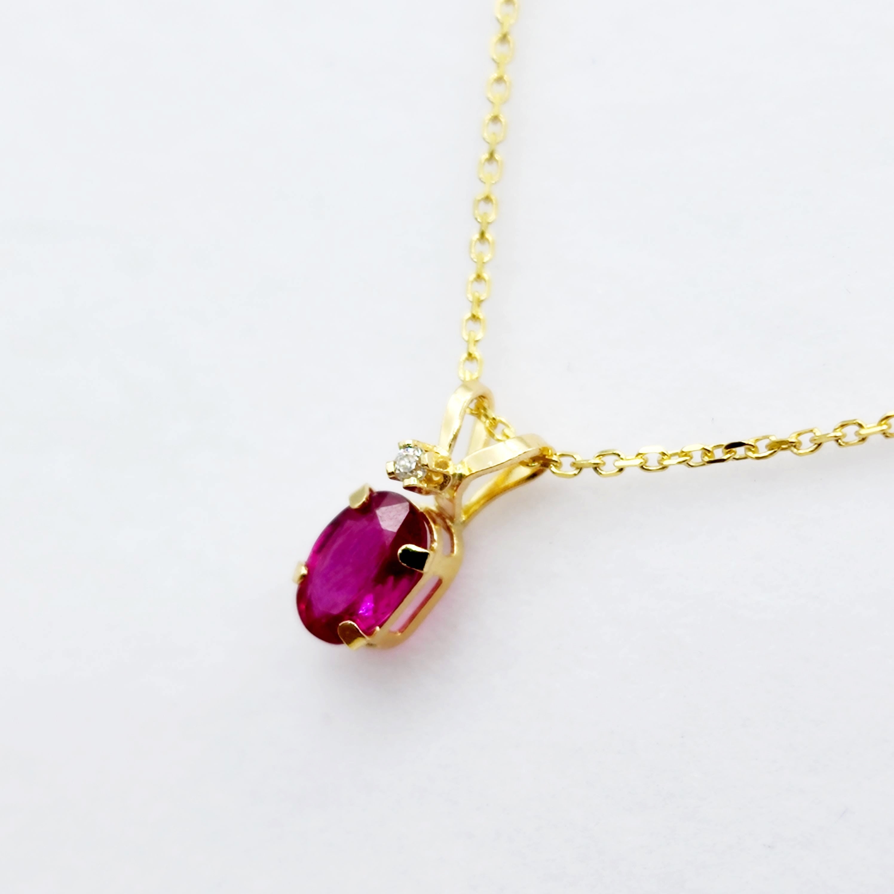 Gold Ruby Pendant Necklace, 14K Yellow Gold Genuine Ruby 6x4mm with Diamond Pendant, July Birthstone