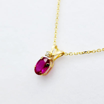 Gold Ruby Pendant Necklace, 14K Yellow Gold Genuine Ruby 6x4mm with Diamond Pendant, July Birthstone