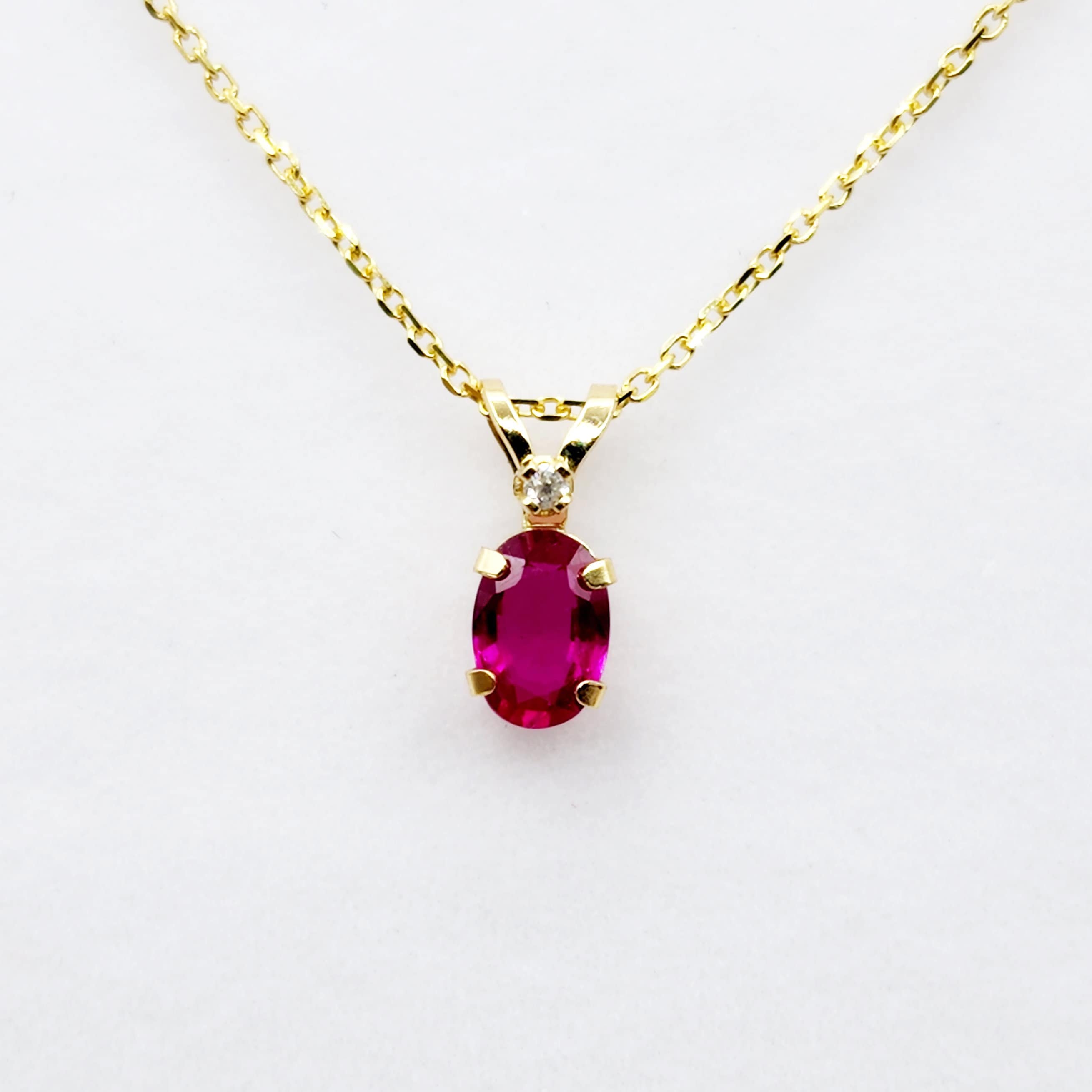 Gold Ruby Pendant Necklace, 14K Yellow Gold Genuine Ruby 6x4mm with Diamond Pendant, July Birthstone