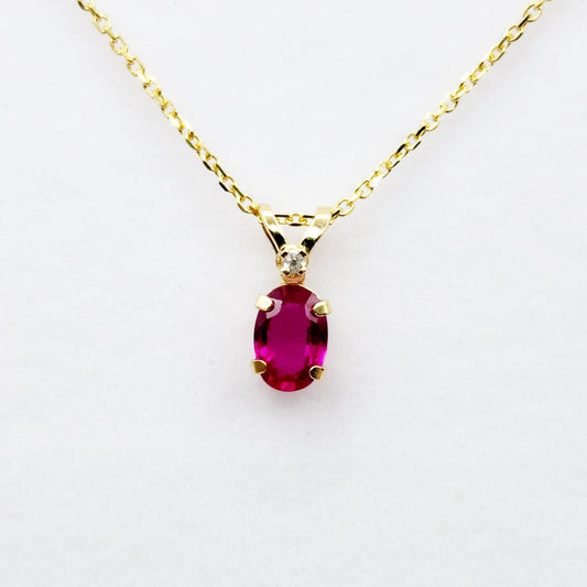 Gold Ruby Pendant Necklace, 14K Yellow Gold Genuine Ruby 6x4mm with Diamond Pendant, July Birthstone