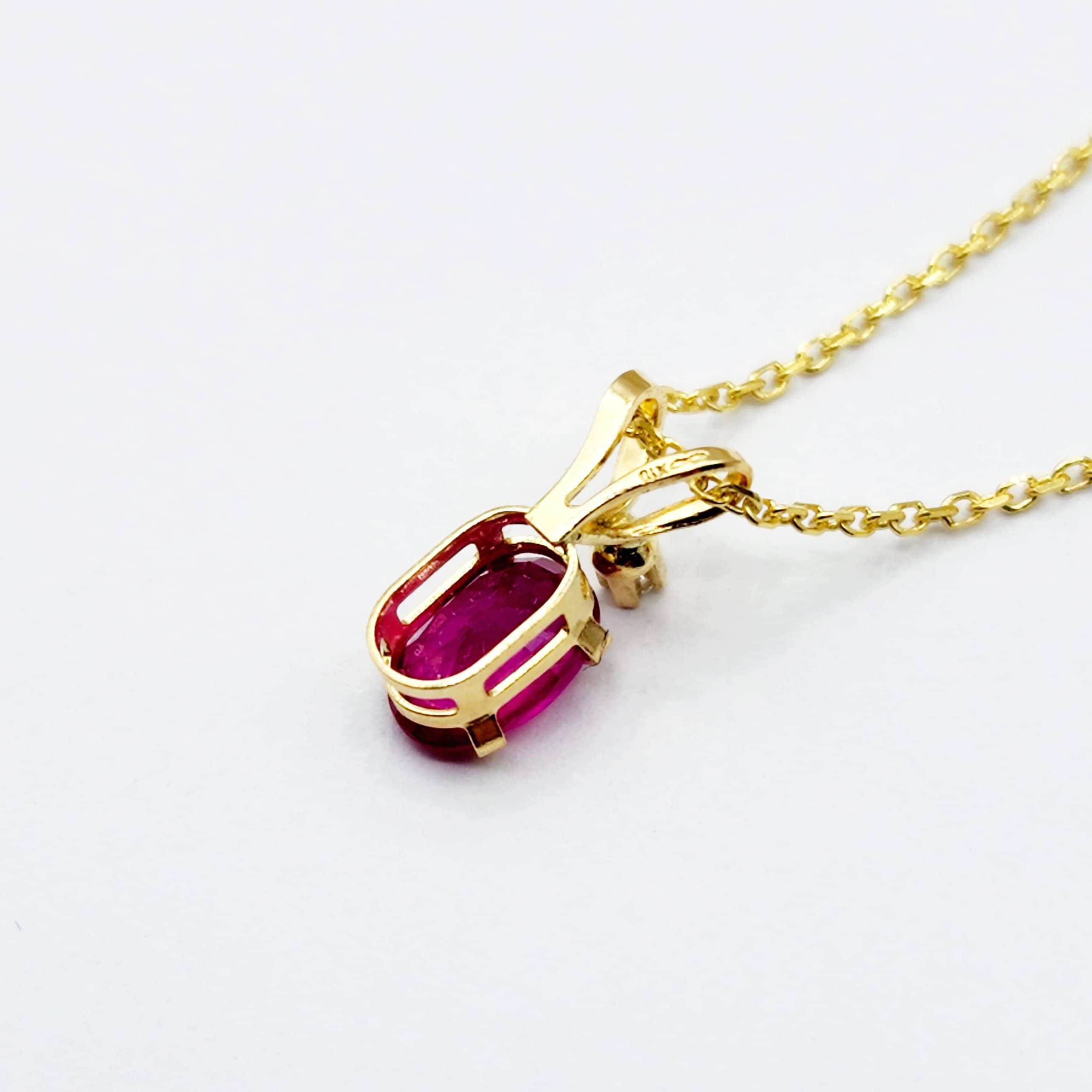 Gold Ruby Pendant Necklace, 14K Yellow Gold Genuine Ruby 6x4mm with Diamond Pendant, July Birthstone