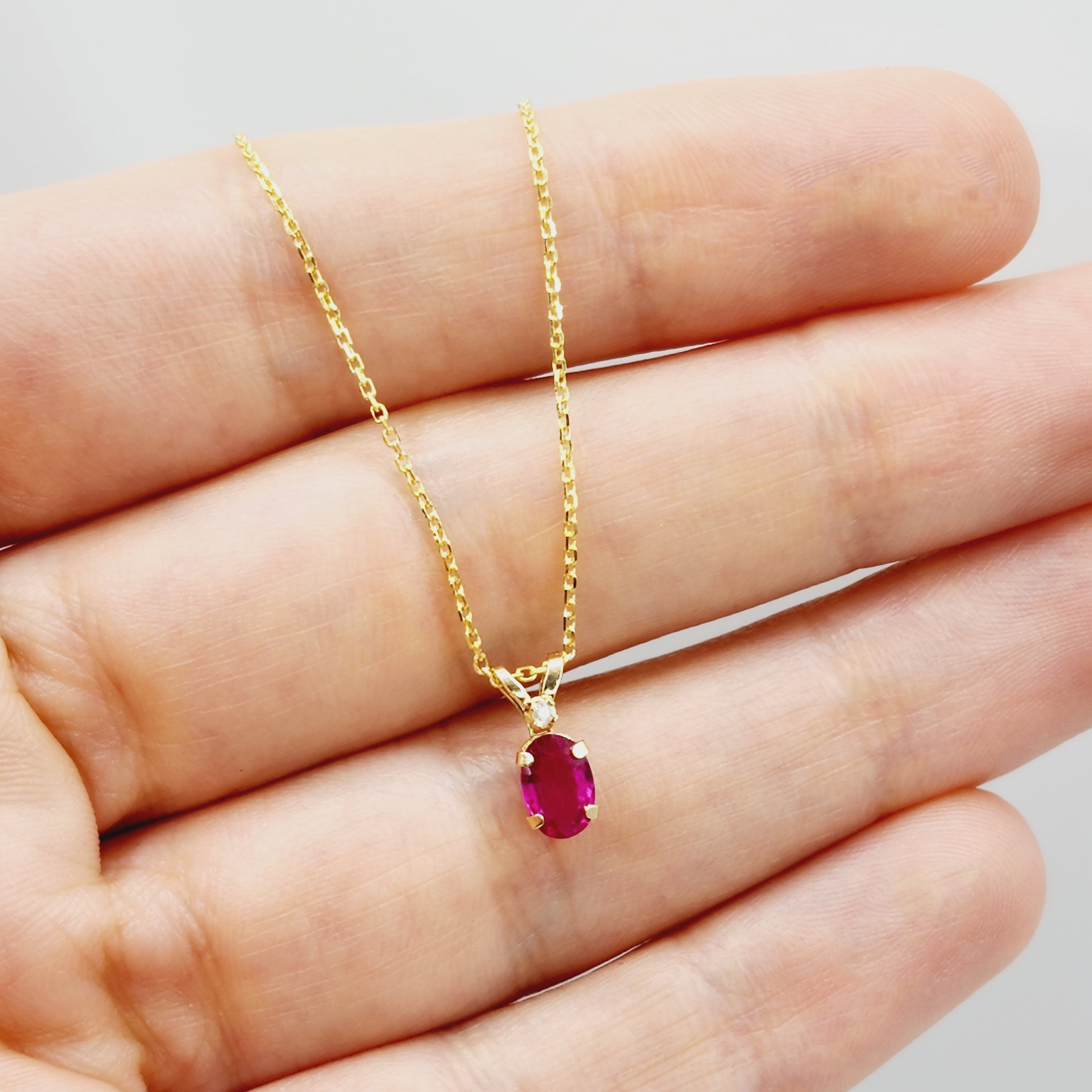 Gold Ruby Pendant Necklace, 14K Yellow Gold Genuine Ruby 6x4mm with Diamond Pendant, July Birthstone