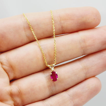 Gold Ruby Pendant Necklace, 14K Yellow Gold Genuine Ruby 6x4mm with Diamond Pendant, July Birthstone