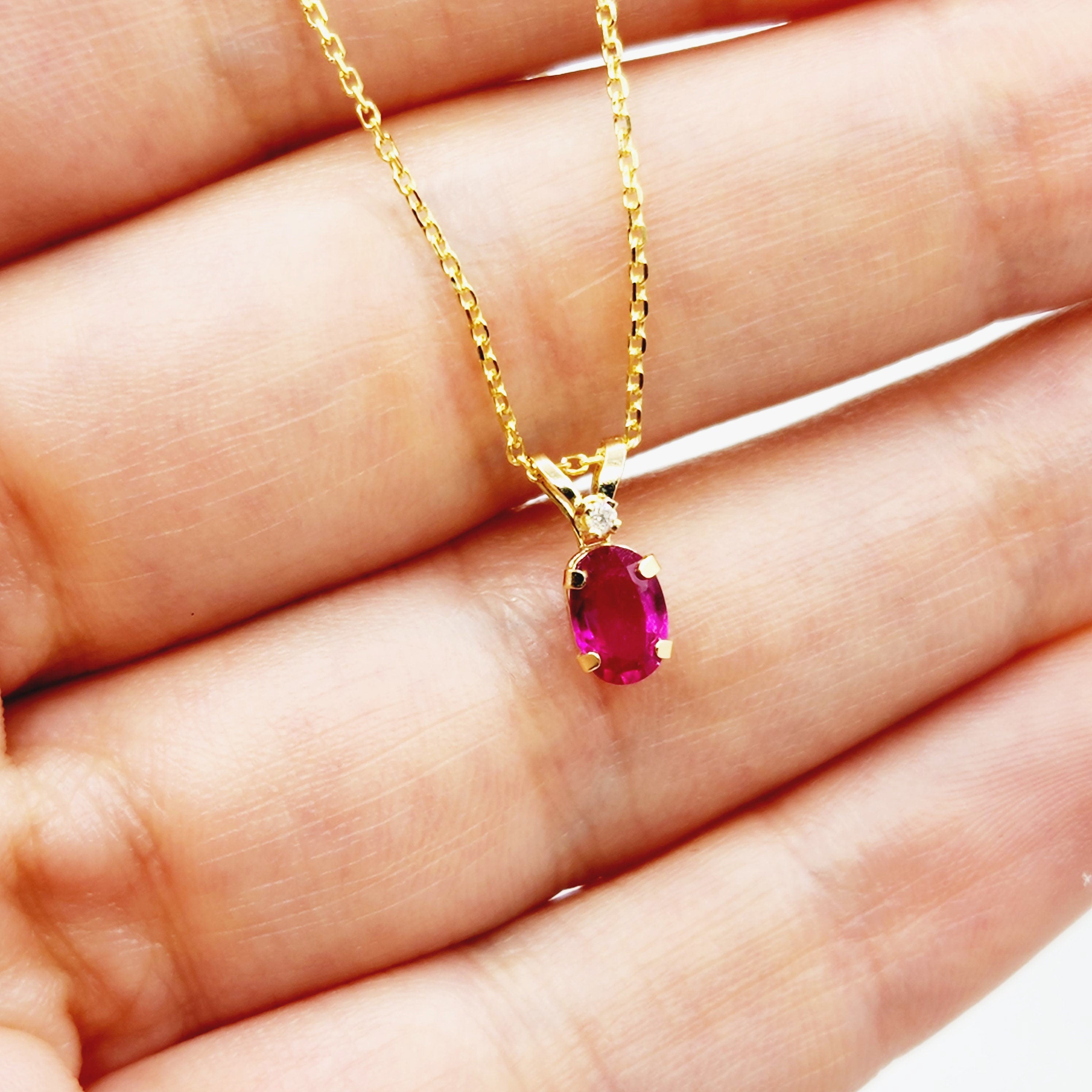 Gold Ruby Pendant Necklace, 14K Yellow Gold Genuine Ruby 6x4mm with Diamond Pendant, July Birthstone