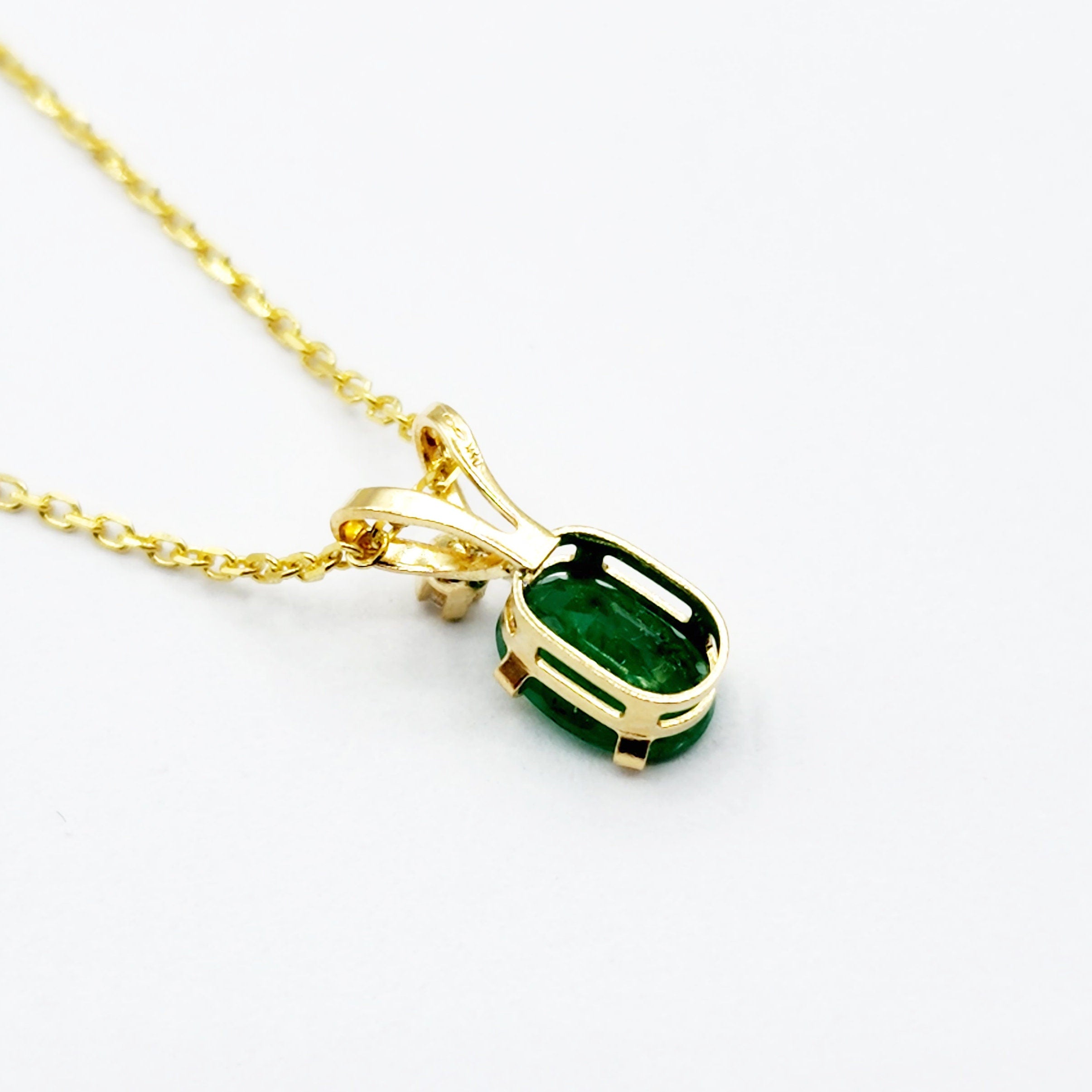 Gold Emerald Pendant Necklace, 14K Yellow Gold Genuine Emerald 6x4mm with Diamond Pendant, May Birthstone, Green Gemstone Jewelry, Gift Idea