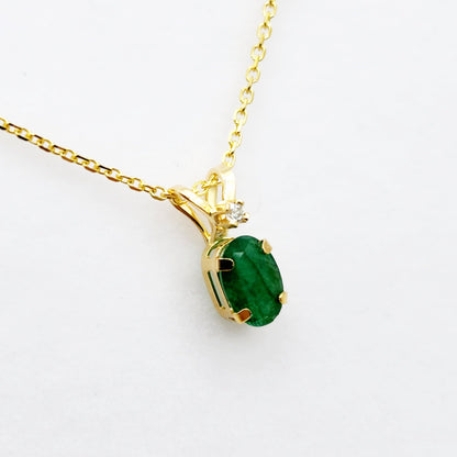 Gold Emerald Pendant Necklace, 14K Yellow Gold Genuine Emerald 6x4mm with Diamond Pendant, May Birthstone, Green Gemstone Jewelry, Gift Idea