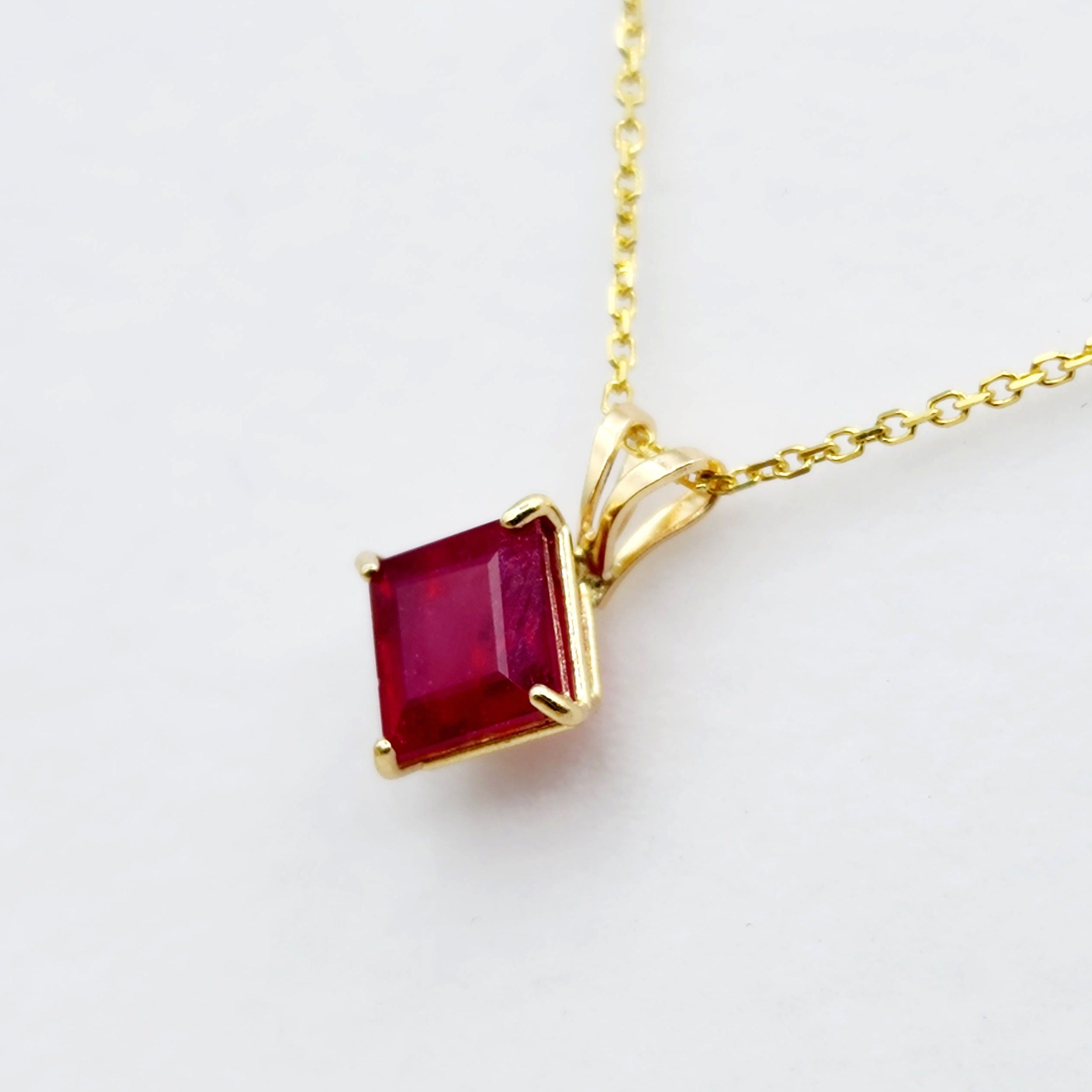 Gold Ruby Pendant Necklace , 10K Yellow Gold Genuine Ruby 6x6mm Pendant, July Birthstone, Handmade Pendant, Red Gemstone Jewelry