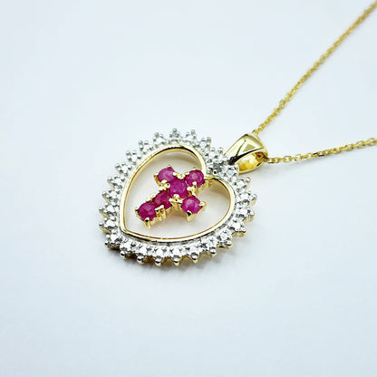 Genuine Ruby Cross Pendant Necklace, 24K Gold Plated Heart Shape Cross Genuine Ruby Pendant, July Birthstone