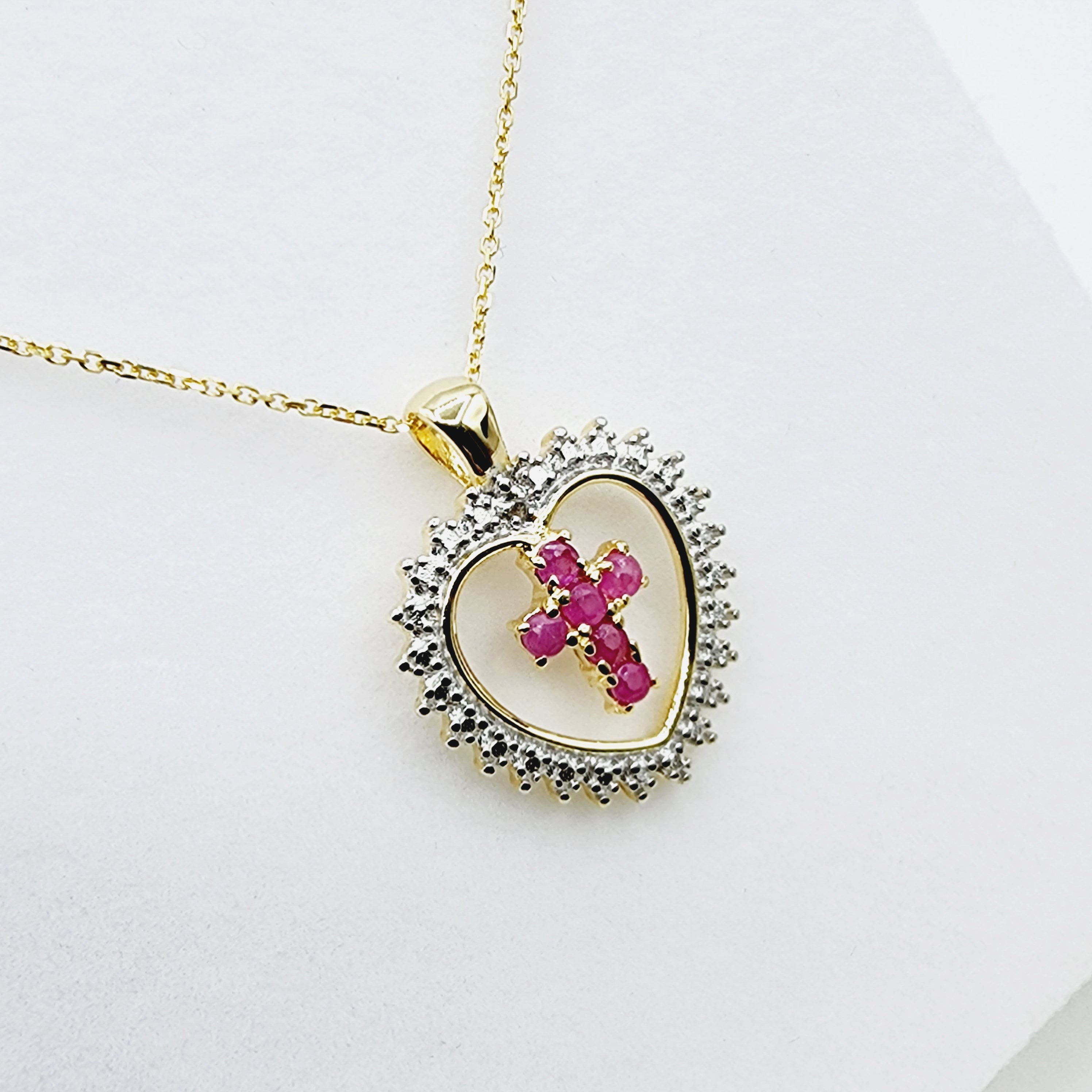 Genuine Ruby Cross Pendant Necklace, 24K Gold Plated Heart Shape Cross Genuine Ruby Pendant, July Birthstone