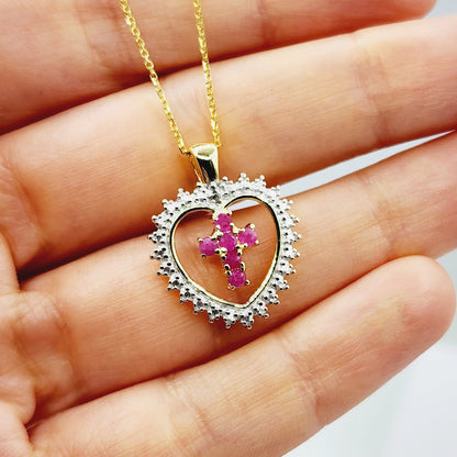 Genuine Ruby Cross Pendant Necklace, 24K Gold Plated Heart Shape Cross Genuine Ruby Pendant, July Birthstone