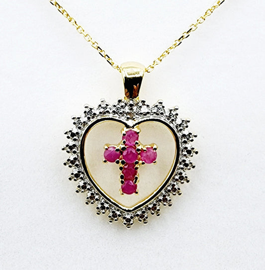 Genuine Ruby Cross Pendant Necklace, 24K Gold Plated Heart Shape Cross Genuine Ruby Pendant, July Birthstone