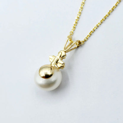 14k Gold Pearl Diamonds Pendant Necklace, 14K Yellow Gold Natural Freshwater Pearl with 3 Diamonds Pendant, Bridesmaid Gifts, Bridal Jewelry